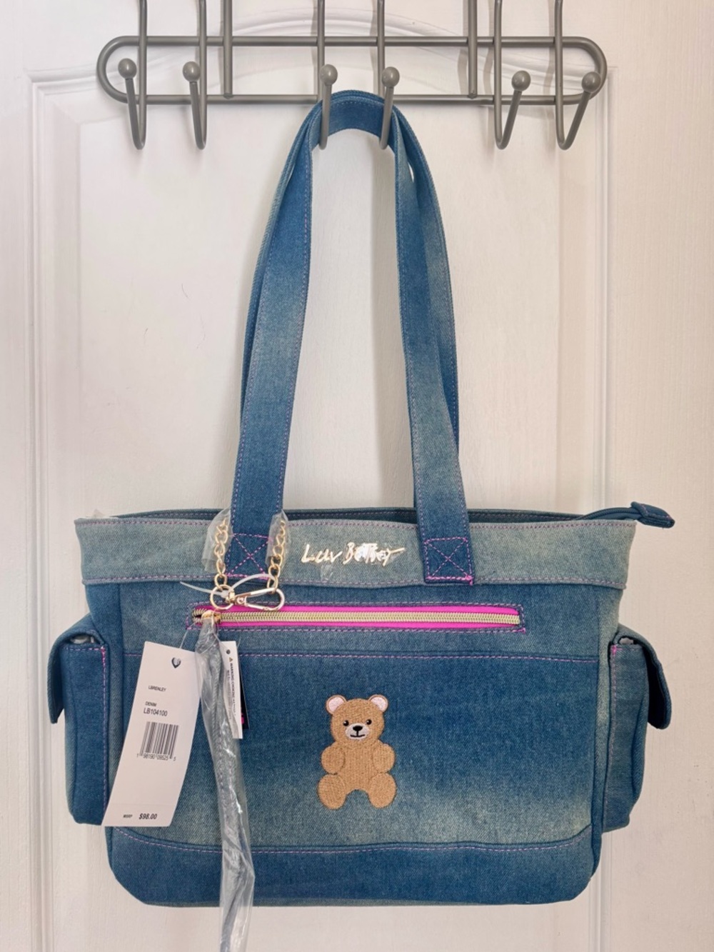 BETSEY JOHNSON DENIM TOTE BAG. TEDDY BEAR EMBROIDERY AND CHARM. SIDE POCKETS